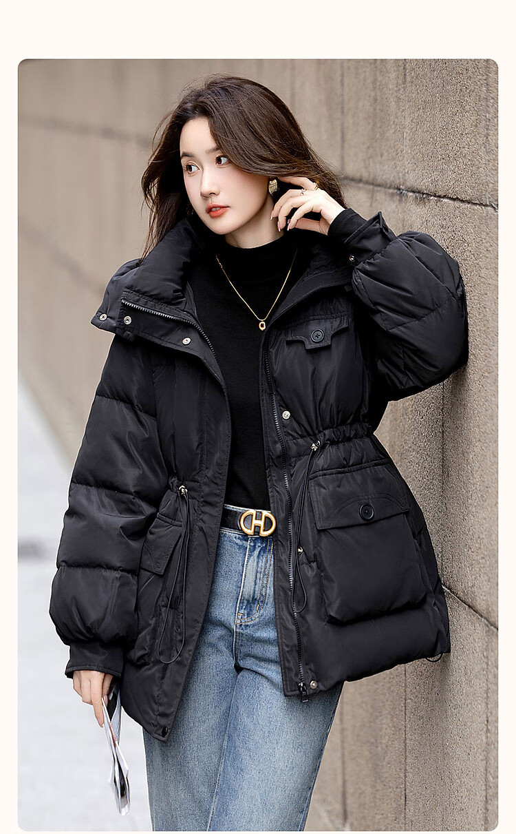 DME High Warmth Battle Robe Winter Cold-Resistant 90% Duck Down Adjustable Waist Large Patch Pocket Petite Women's Down Jacket 1