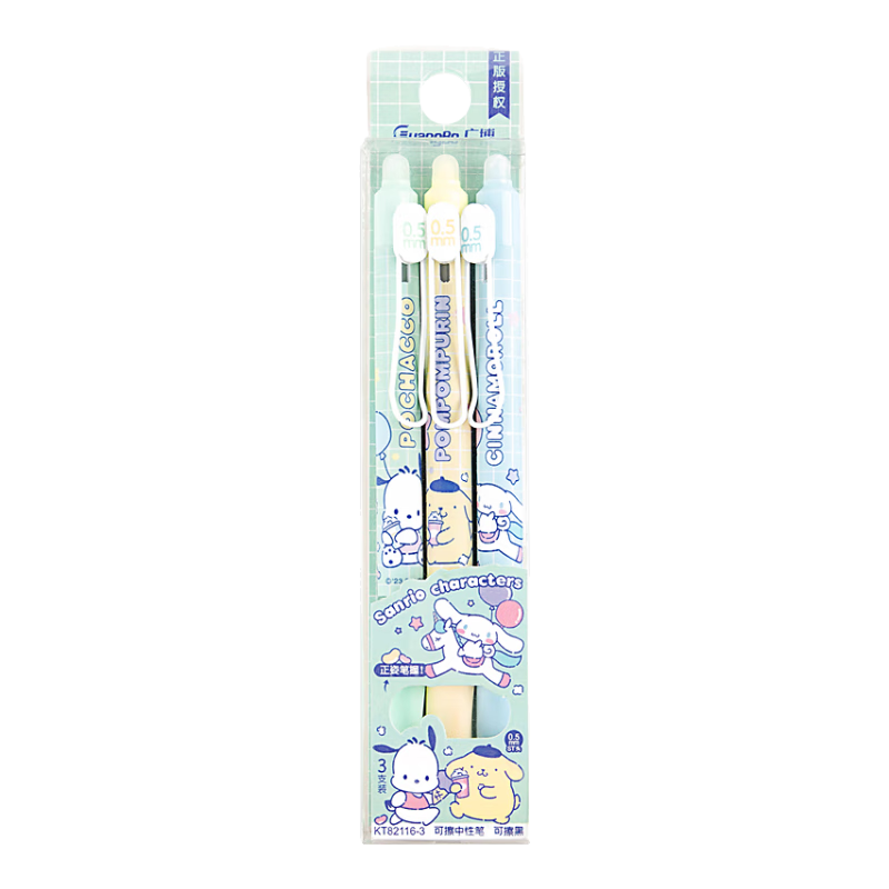 GuangBo Erasable Gel Pen, Sanrio Collaboration Retractable 0.5mm Black Student Magic Pen, Thermal Friction Signature Pen 3 Pcs [Green Packaging] KT82116-3