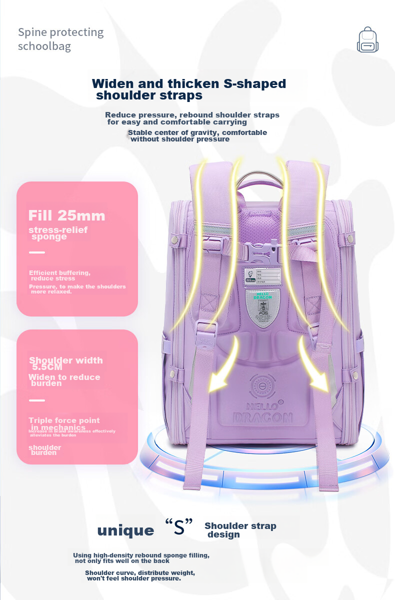 Herder Elementary School Backpack with Anti-Gravity Spring, Weight Reduction, And Spine Protection for Grades One to Six, Ultra-Lightweight Children's Backpack 14