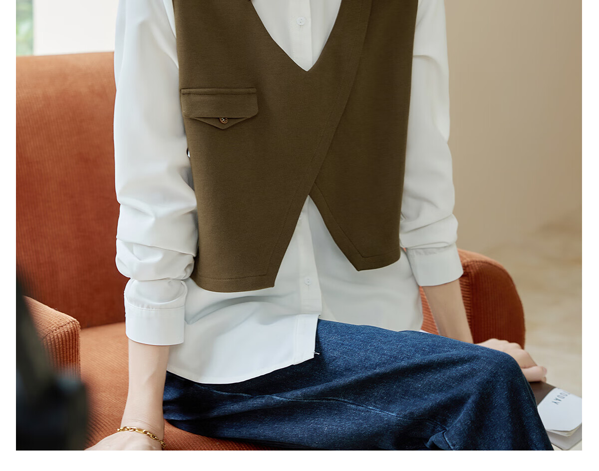 Chushen Women's Long-Sleeve Shirt with Contrasting Color Splicing Design, Fashionable Two-Piece Look for Work Commute S143C2026 9