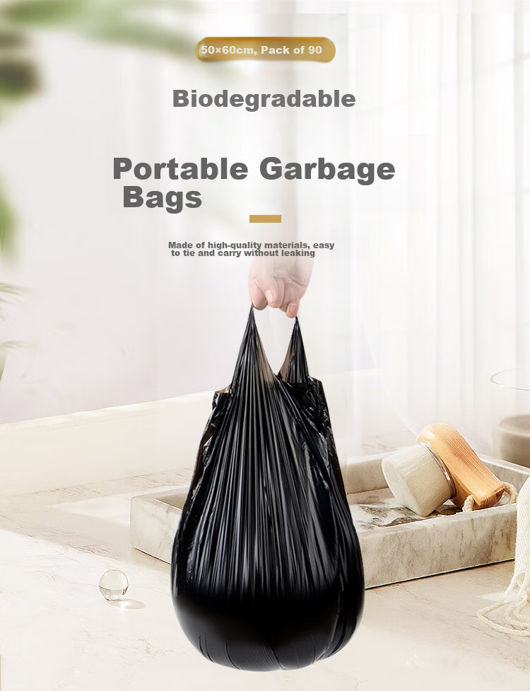 Lide Vest-Style Garbage Bags, Black, 50*60cm, 90 Pieces, Single-Sided, 1.2 Microns Thick, Large Size, Biodegradable Trash Bags 2