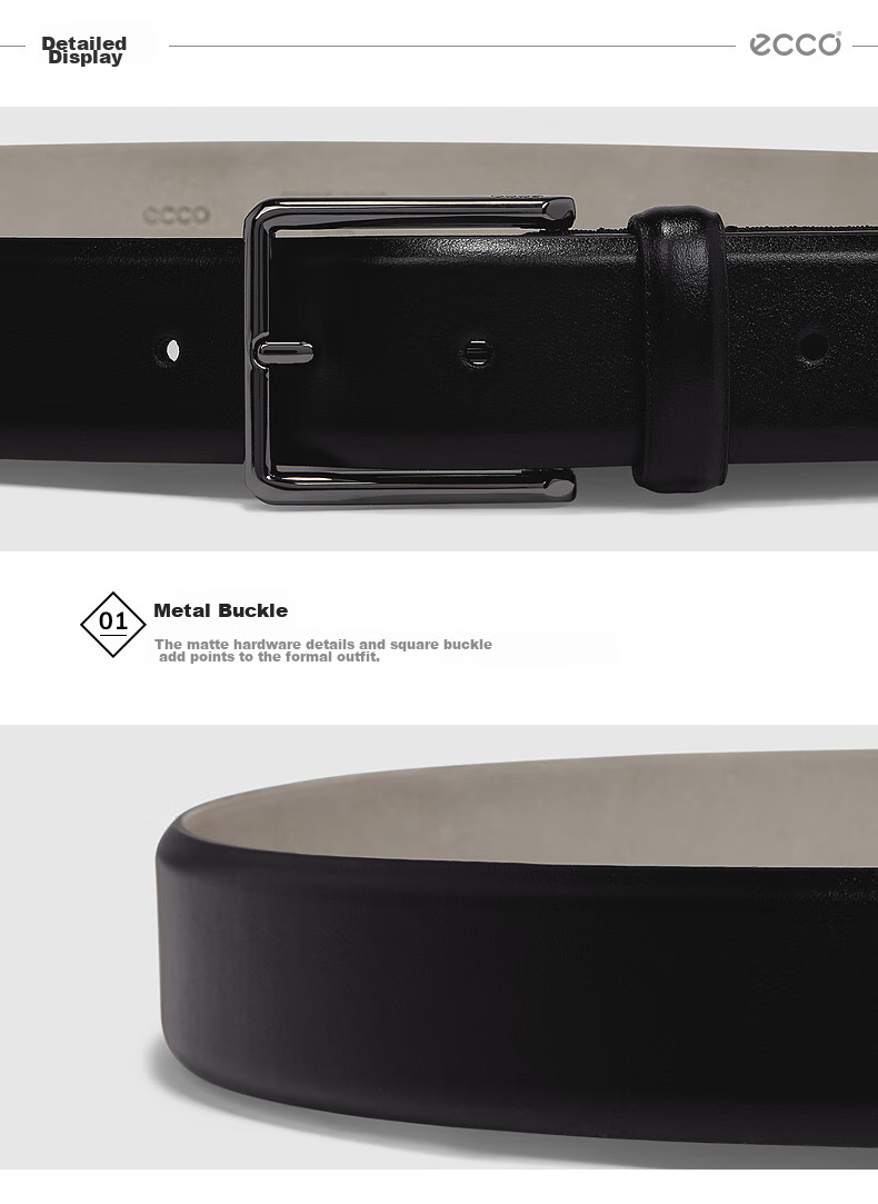 ECCO Casual Men's Leather Belt Gift Box, Business Formal Metal Buckle Waist Belt, 910589390000, Black, 100cm 12