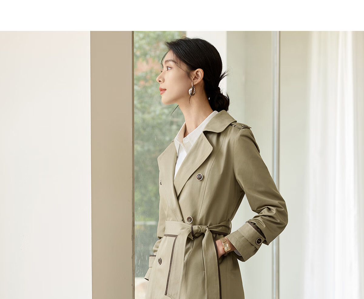 Chushen Spring And Autumn Double-Breasted Windbreaker for Women, Mid-Length, Elegant Classic H-Type Waist-Cinching Slimming Coat S51D003 15