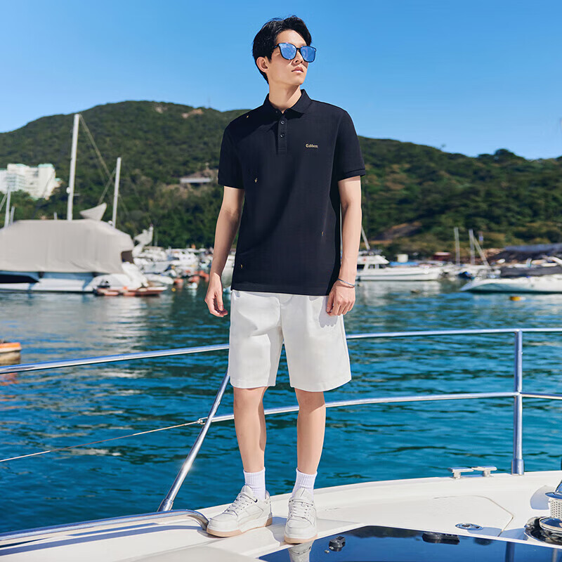 CABBEEN [Cooling] Gold Thread Embroidered Short-Sleeve T-Shirt, Simple Black And White POLO Shirt, Coal Black, Size 11, 46/165/S