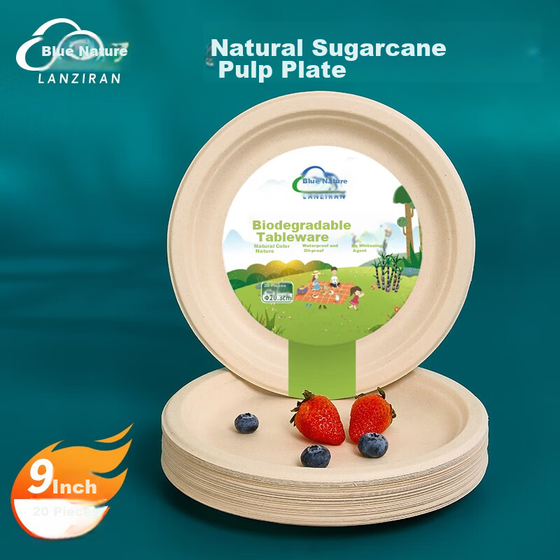 LANZIRAN Disposable Tableware Plates Large Size 9 Inch * 20 Pieces Natural Color Sugarcane Pulp Biodegradable Paper Plates for Picnic And Camping