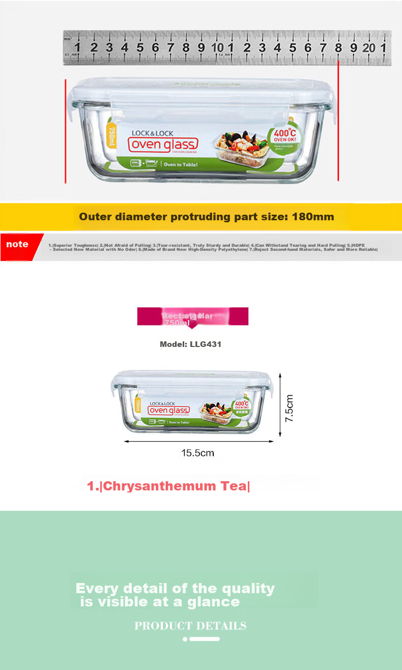 LOCK&LOCK Large Capacity Heat-Resistant Sealed Glass Food Storage Container, Lunch Box for Snacks And Fruits, with Lunch Bag, 750ml 8