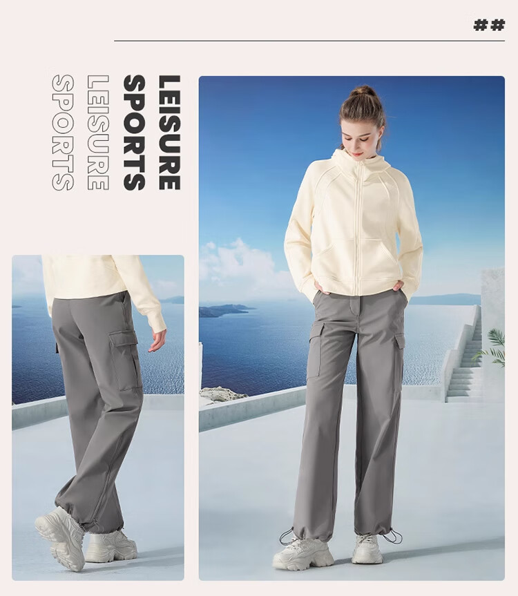 CAMEL Women's Cargo Pants, Unisex Style, Autumn Waterproof Casual Pants, Slimming Straight-Leg Sweatpants, Fleece-Lined Fashionable Woven Pants, Size L 17