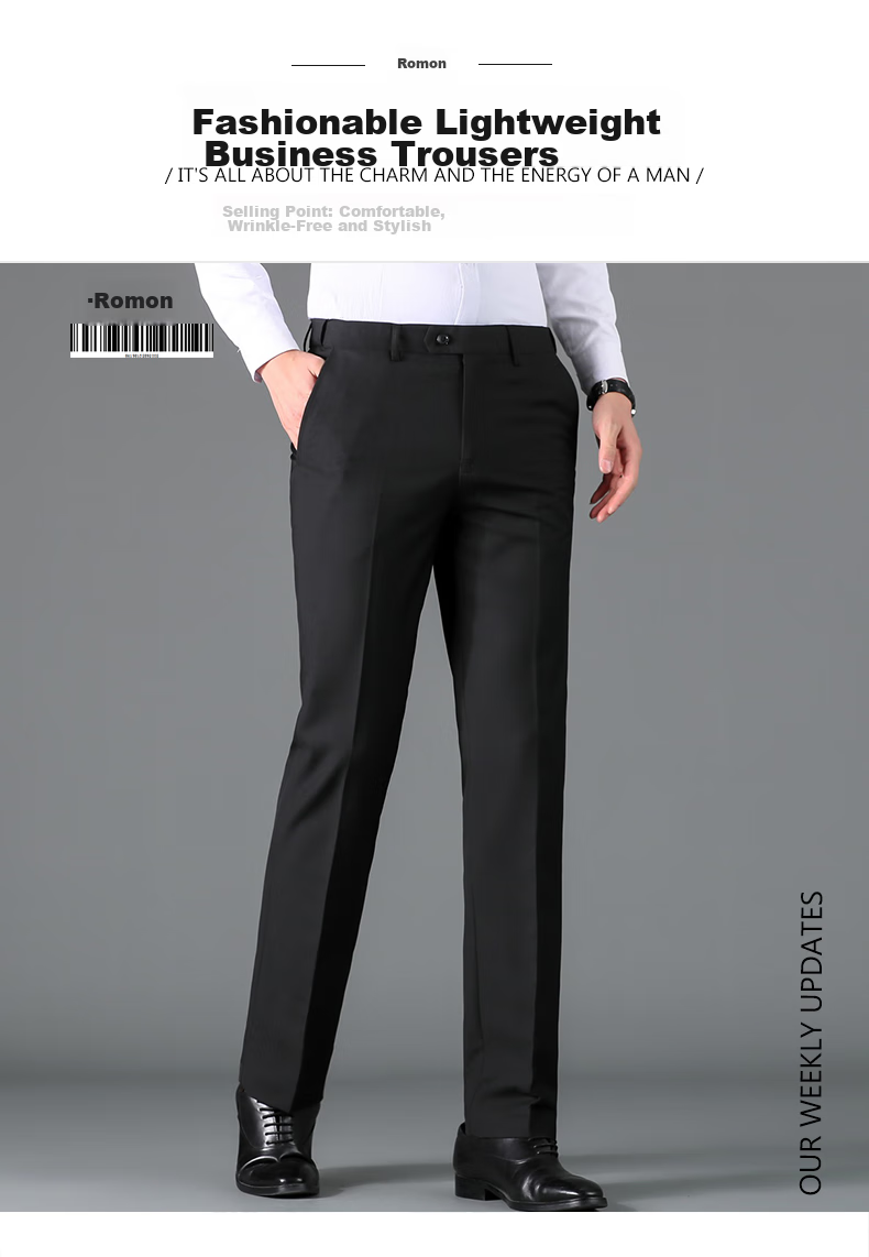ROMON Wrinkle-Resistant Non-Iron Dress Pants for Men, High-Waisted Loose Casual Business Suit Trousers Straight-Leg Dad Pants 1
