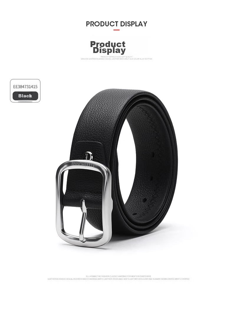 ELLE HOMME Men's Leather Belt with Pin Buckle, Top-Grain Cowhide Casual Trouser Belt for Men, Birthday Gift for Boyfriend 7