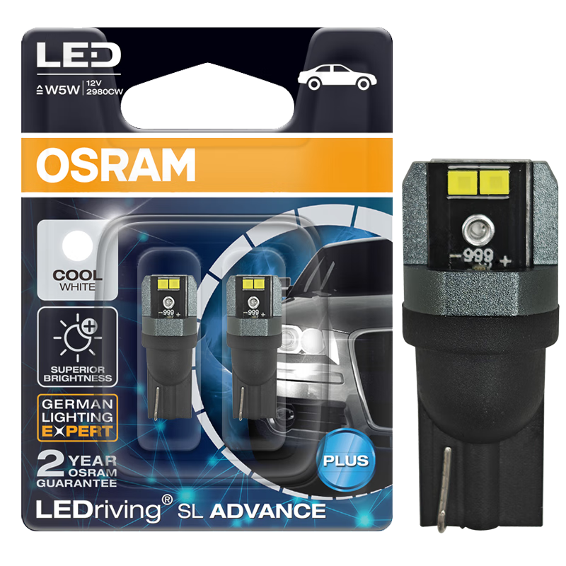 OSRAM W5W/T10 LED Car Light Clearance Marker Daytime Running Light, 6000K Cool White, 12V 1.5W, Pack of 2