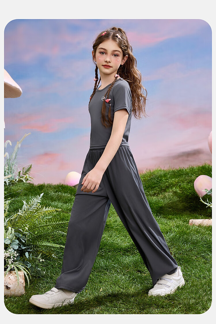 ASK JUNIOR Girls' Summer Sportswear Set: Thin Short T-Shirt + Wide-Leg Long Pants Two-Piece Set, Gray, Size 170 8