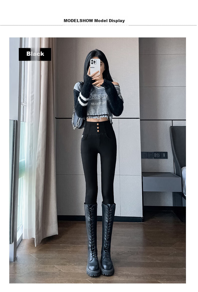 FitonTon High-Waisted Leggings for Women, Outer Wear Autumn Winter Style, Black Tight-Fitting Pencil Skinny Pants with Three Buttons, Small Black Trousers, Black, Size S 27