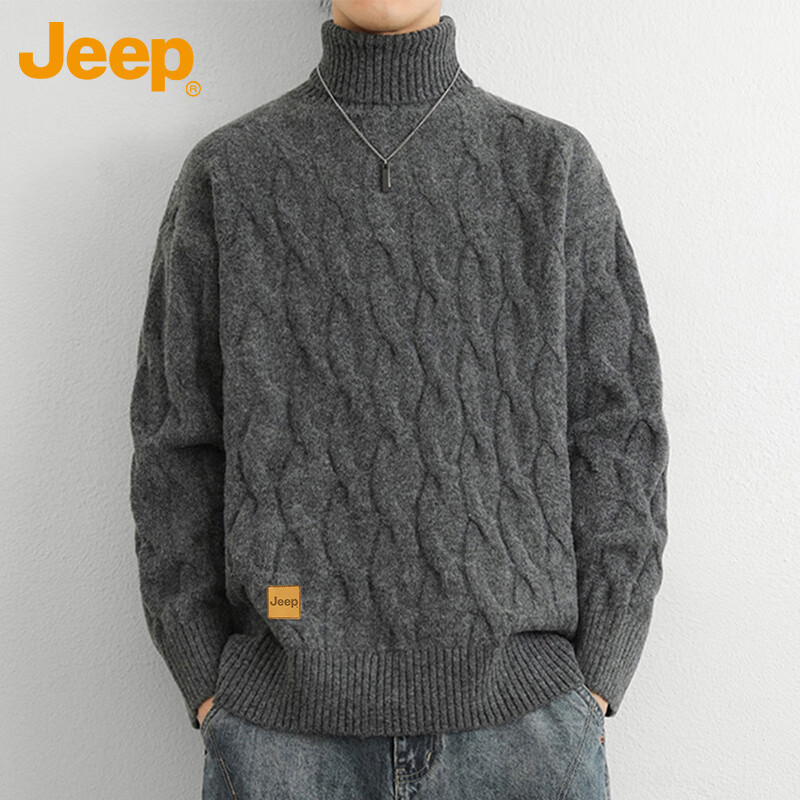 JEEP Men's Winter Thickened Sweater, Loose Knitwear, Dark Gray, XL