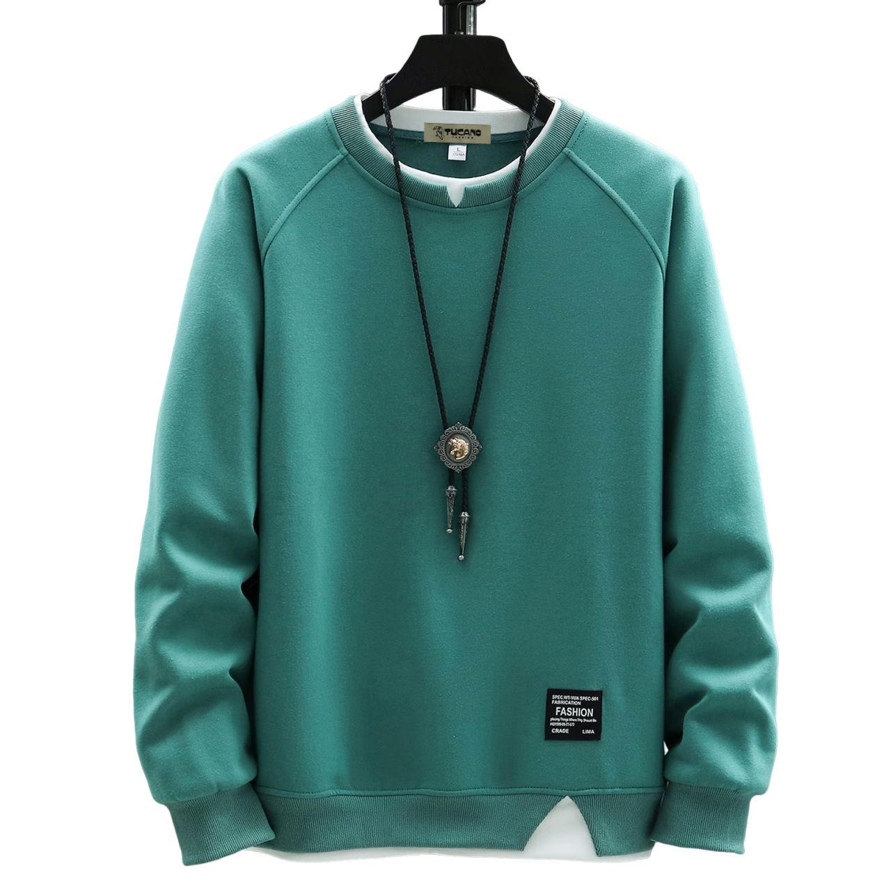 TUCANO Men's Spring and Autumn Loose Fit Crew Neck Casual Long Sleeve T-Shirt Fake Two-Piece Top Men's Clothing Bean Green M