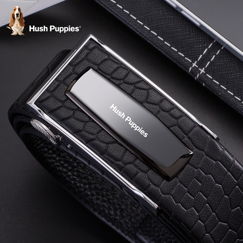 Hush Puppies Men's Leather Belt with Automatic Buckle, Business Steel Buckle Waistband, Birthday Gift for Boyfriend, Practical Gift Box Set