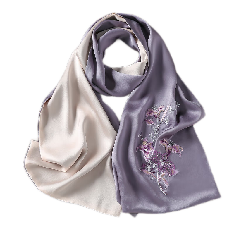 Shanghaigushi Silk Scarf for Women, Double-Layer Embroidery, 100% Mulberry Silk, Gift Box for Mom on Mid-Autumn Festival, Birthday Present, Purple And White