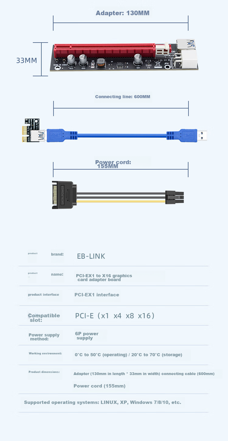 EB-LINK PCI-E X1 to X16 Graphics Card Extension Cable, PCIe 1X to 16X Adapter Cable, Expansion Card, Large 6P Power Supply 10