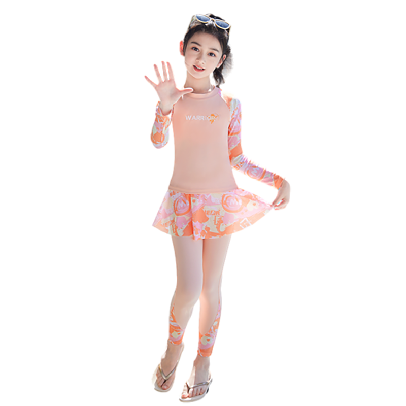 Huili Children's Swimsuit, Girls' Two-Piece Long-Sleeve And Long Pants Set, for Older Girls, Beach Swimming Five-Piece Set, 34065 Orange 2XL