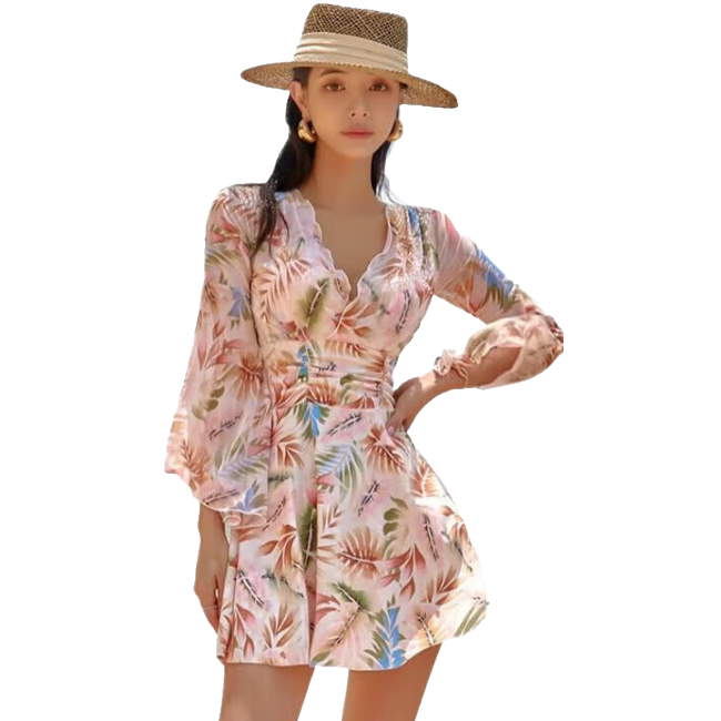 Sanqi One-Piece Swimsuit Dress for Women with Long Sleeves, Tummy Control, Slimming Effect, Vacation Hot Spring Swimwear, Plus Size 24030 Floral Pattern XXXL