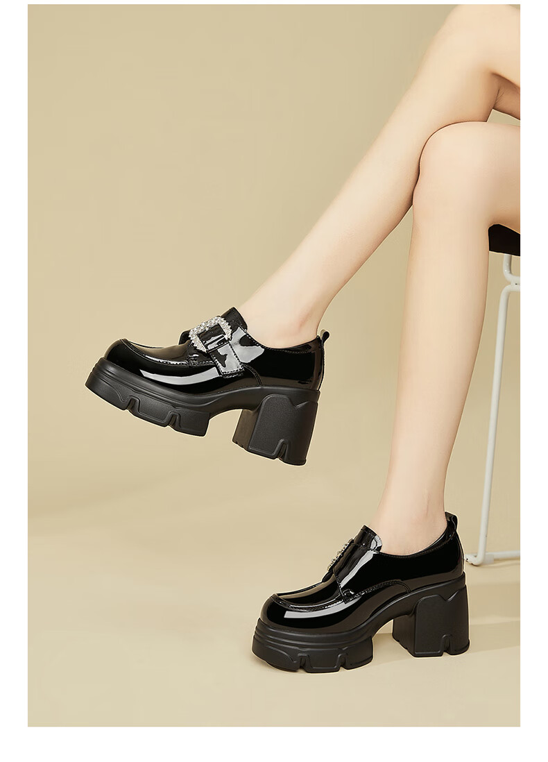 DAPHNE Thick-Soled Loafers for Women, Chunky Heel Deep-Mouth Leather Shoes, Fashionable Versatile High Heels, Women's Shoes, Single Shoes, Black, Size 34 6