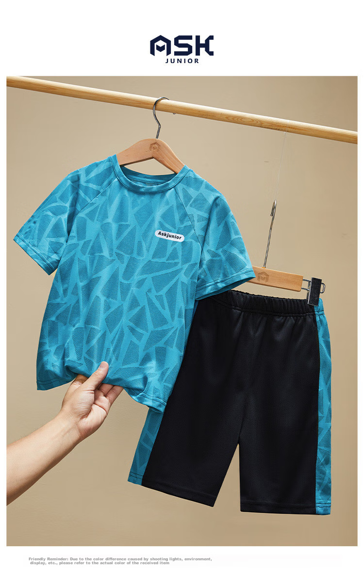 ASK JUNIOR Boys' Set, Summer 2025 Thin Short-Sleeve T-Shirt, Children's Shorts, Quick-Dry Running Outfit, Navy Blue, Size 120 1