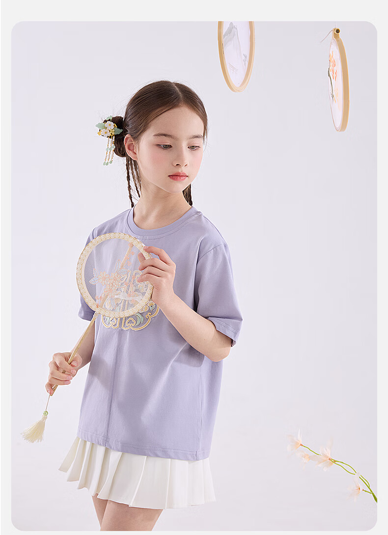 Duomiaowu Girls' Short-Sleeve T-Shirt, Summer Children's Top, Big Kids' Chinese-Style Summer Outfit, Stylish Undershirt, 81869 White, Size 120 9