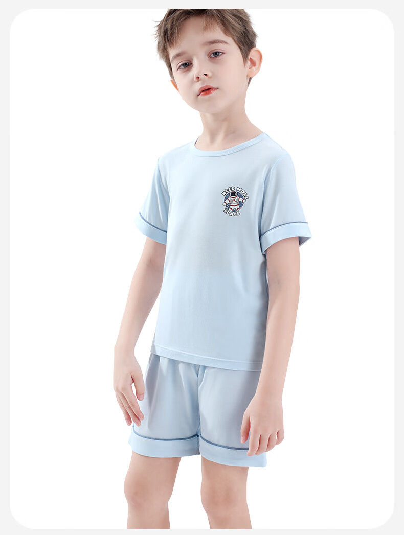 Duomiaowu Children's Pajamas, Boys' Summer Thin Modal Short-Sleeve Home Wear Set, for Older Children, 10838 Deep Sea Blue, Size 140 10