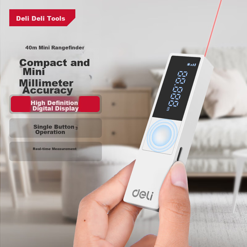 Deli Laser Rangefinder, High-Precision Mini Electronic Ruler, Infrared Household Measuring Tool for Renovation, Real-Time Distance Measurement up to 40 Meters