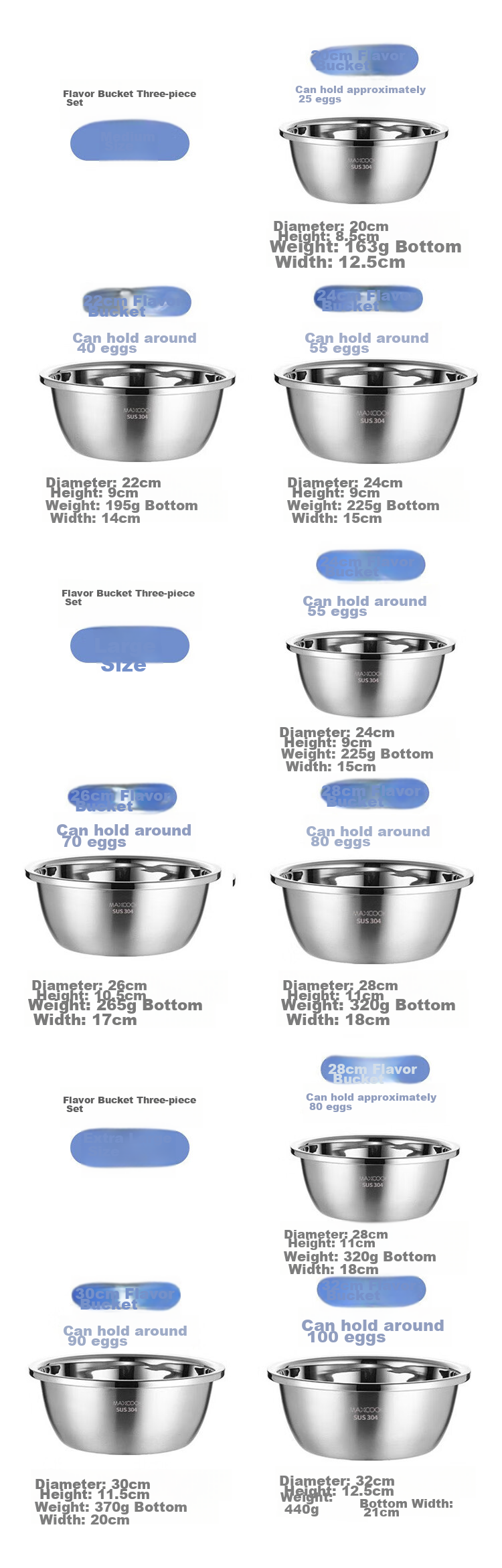 MAXCOOK 304 Stainless Steel Vegetable Washing Basin, Large Seasoning Basin And Dough Mixing Basin Set, Medium-Sized Three-Piece Set MCWA957 10