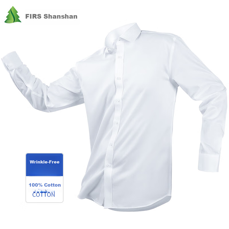 FIRS Long-Sleeve Shirt for Men, DP Wrinkle-Free Dress Shirt, Business Casual Work Pure Cotton White Shirt, Plain White, Size 38