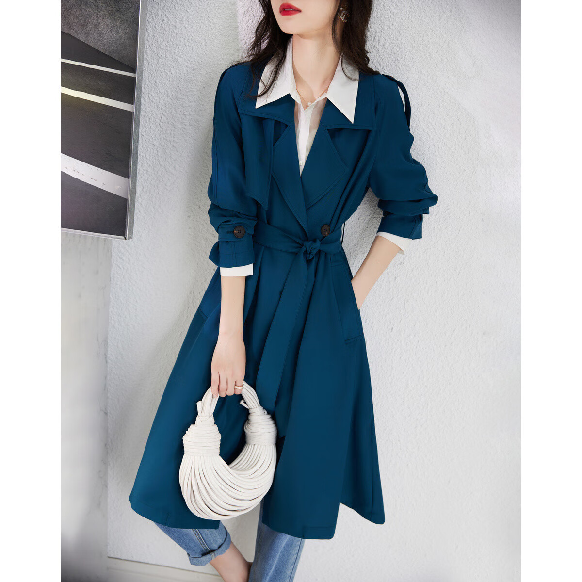 Dme Lace-Up Trench Coat Spring Autumn Commuter Blazer Collar Straight Long Sleeve Double-Breasted Long Trench Coat for Women