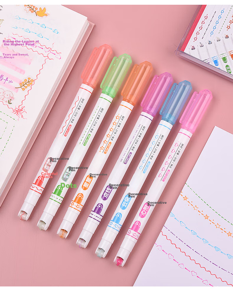 Genvana 6-Color Floral Pattern Outline Pen, Curved Pen, Highlighter, Embossing Pen, Marker Pen for Students, Decorative Edging for Handwritten Reports, Colored Journal Decoration Pen G-0546 10