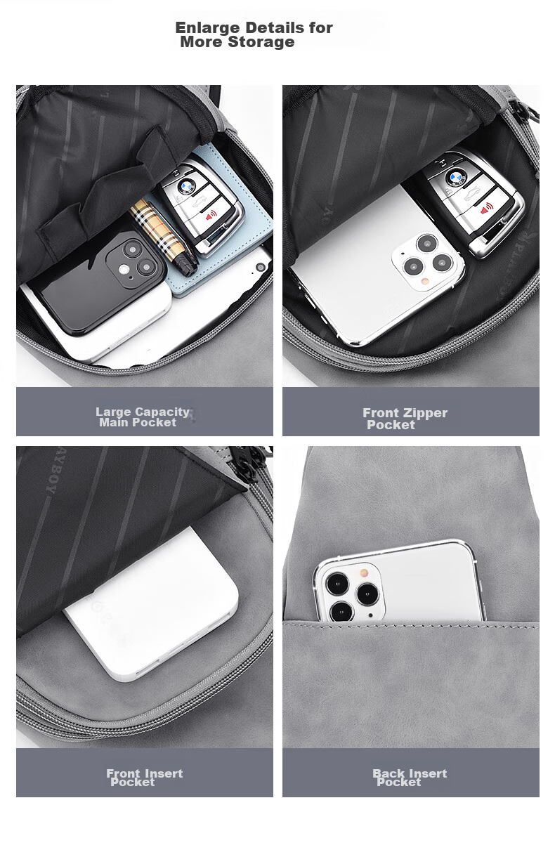 PLAYBOY Shoulder Crossbody Bag for Men, Large Capacity Multifunctional Chest Bag, Casual Backpack, Portable Travel Phone Bag, Gray 3