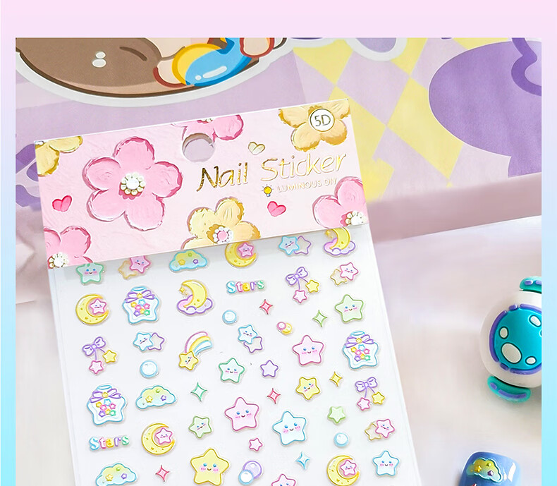 Diyu Glow-In Nail Stickers for Children And Girls, Embossed Nail Art Decals, Removable Waterproof 3-Year Baby Kids Fluorescent Nail Stickers 1