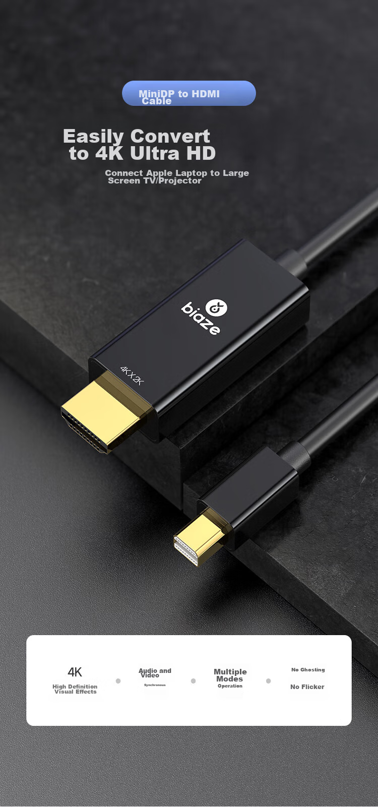 BIAZE Mini DisplayPort to HDMI Converter Cable, 4K HD Adapter, 1.8 Meters, for Microsoft Surface And Apple Computers, Thunderbolt/Mini DisplayPort Interface for Laptops to Connect Monitors 1