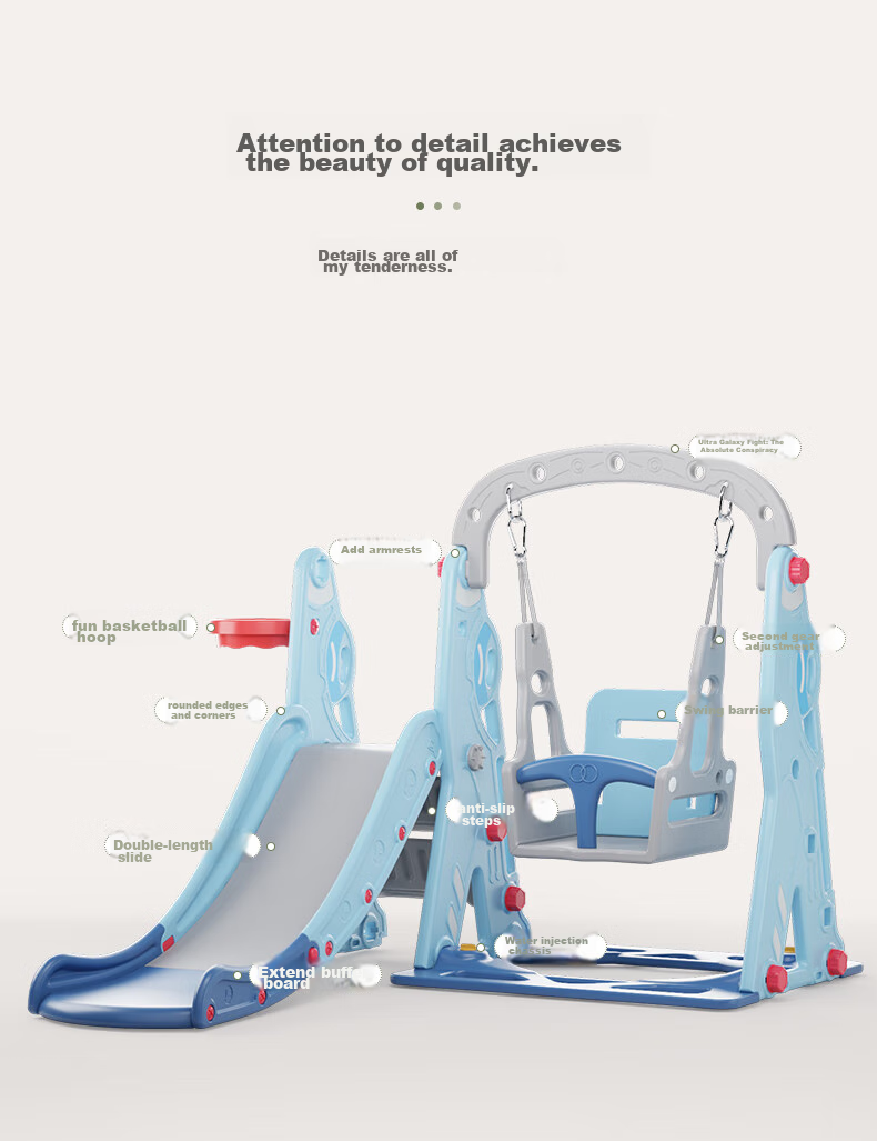 HOBBY TREE Children's Slide, Swing, Basketball Hoop Set, Indoor Playground Equipment, Multifunctional Baby Toys, Sky Blue 17