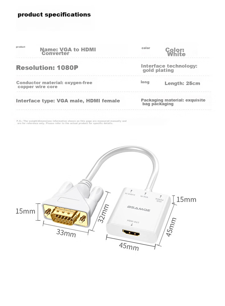 Beishanque VGA Male to HDMI Female Converter with Audio, HD Video Adapter, Laptop to TV Monitor Projector Connector, White, BSQ-33 11