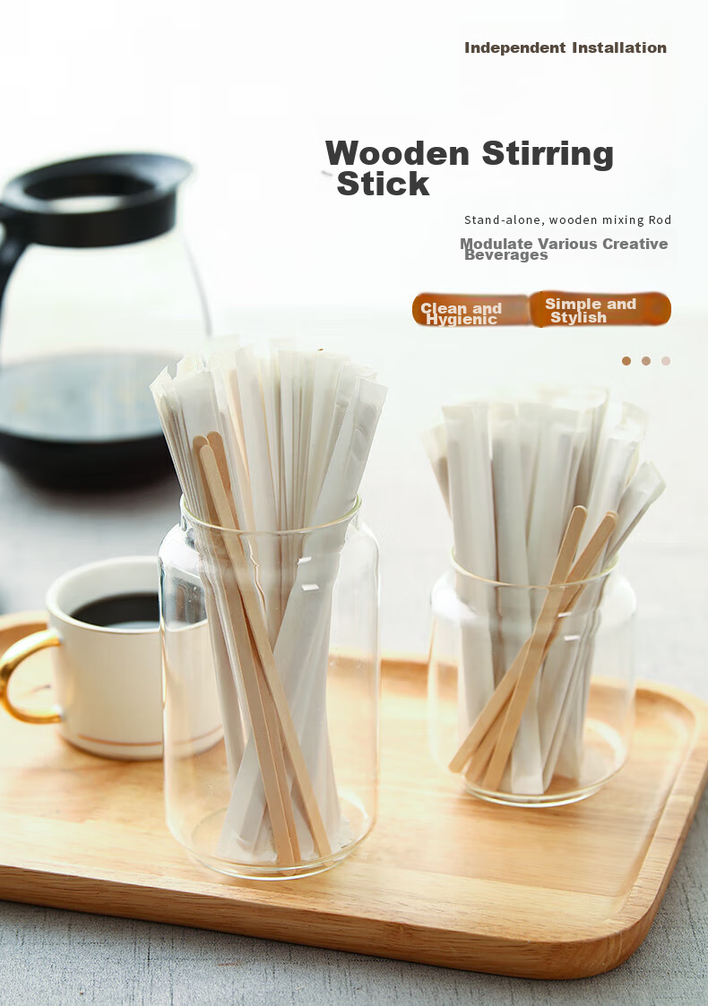 MENGTING Disposable Coffee Stirrers, 14cm Wooden Coffee Mixing Sticks, Portable Individual Packaging, 200 Pieces Per Box 1