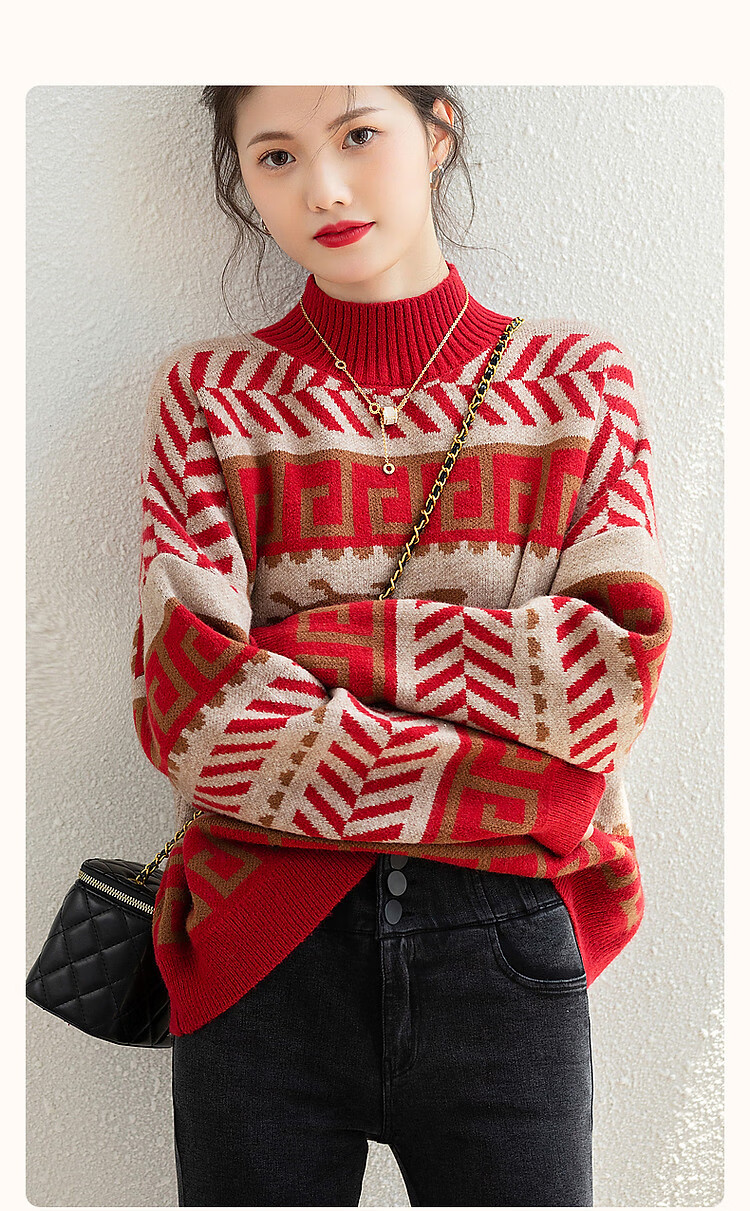 Dme [Vintage Filter] Autumn And Winter Rich Semi-Turtleneck Contrast Color Sweater, Flattering for Petite Women, Versatile Knitted Top 2
