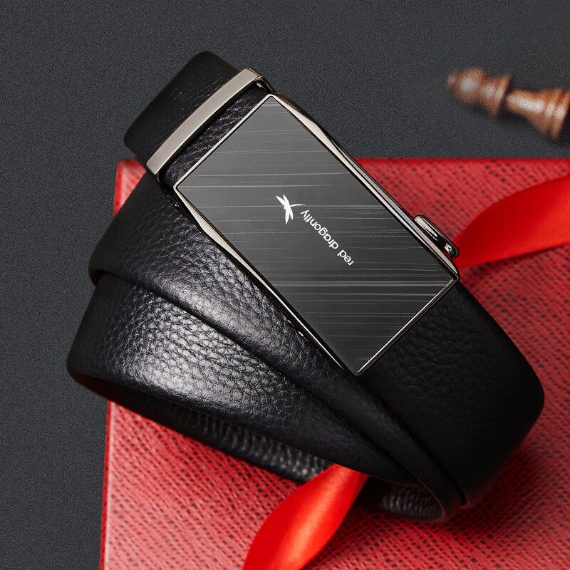 RED DRAGONFLY Top-Grain Leather Men's Belt with Automatic Buckle, Practical Gift for Dad Or Husband, Birthday Present in Gift Box