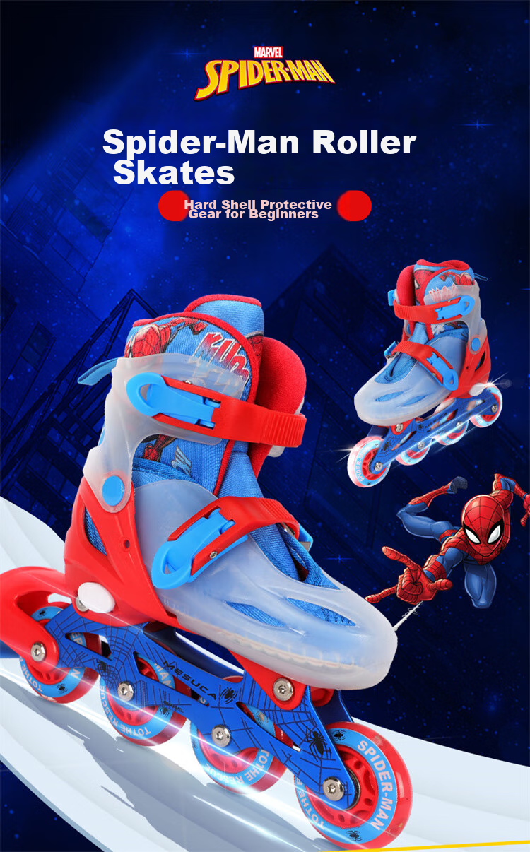 Disney Spider-Man Children's Roller Skates for Beginners, Inline Skates, Dry Ice Skates, Full Flashing Straight Row, Essential for Physical Education Class, Gift-Giving 1