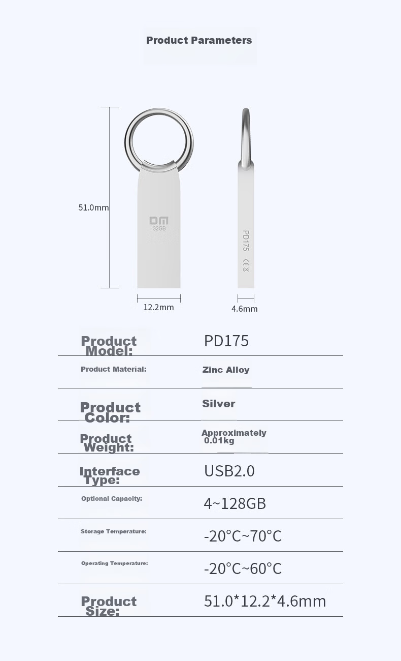 DM Daimai 32GB USB2.0 Flash Drive, Metal PD175, Silver, Compact Portable Metal Car Waterproof Shockproof Computer USB Drive, Tender Bid Small USB Flash Drive 8