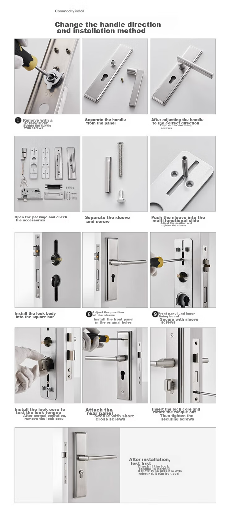GUTE Door Lock, Interior Bedroom Wooden Door Lock, Room Door Handle, Stainless Steel Bathroom Door Lock, Brushed Color, Adjustable Door Lock 15