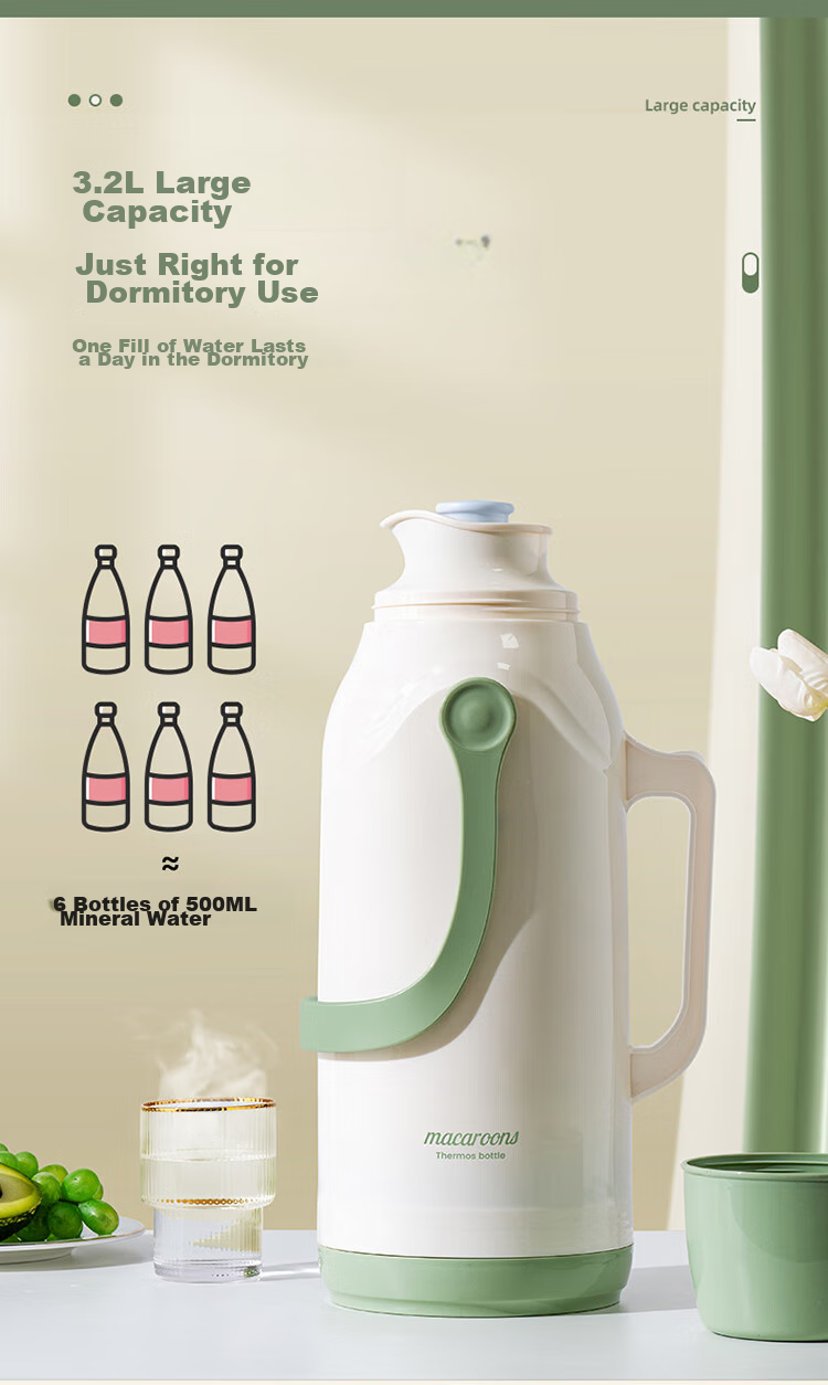 JEKO&JEKO Stainless Steel Insulated Bottle Large Capacity Hot Water Thermos for Student Dormitory, Home Use Water Jug 3.2L Oat Milk White 8