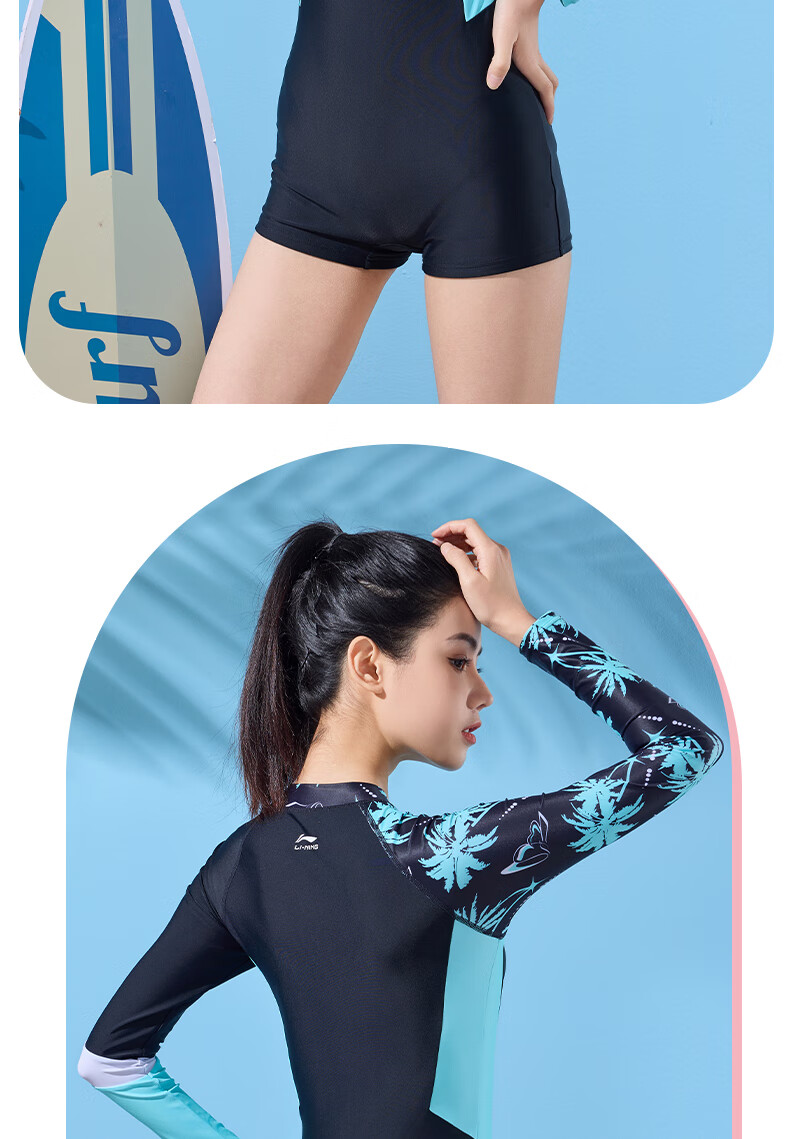 Li-Ning Women's One-Piece Swimsuit, Square Leg, Long Sleeve, Sun Protection, Conservative, Contrasting Colors, Slim Fit, Hot Spring Swimwear, 492 Black Blue, L 16