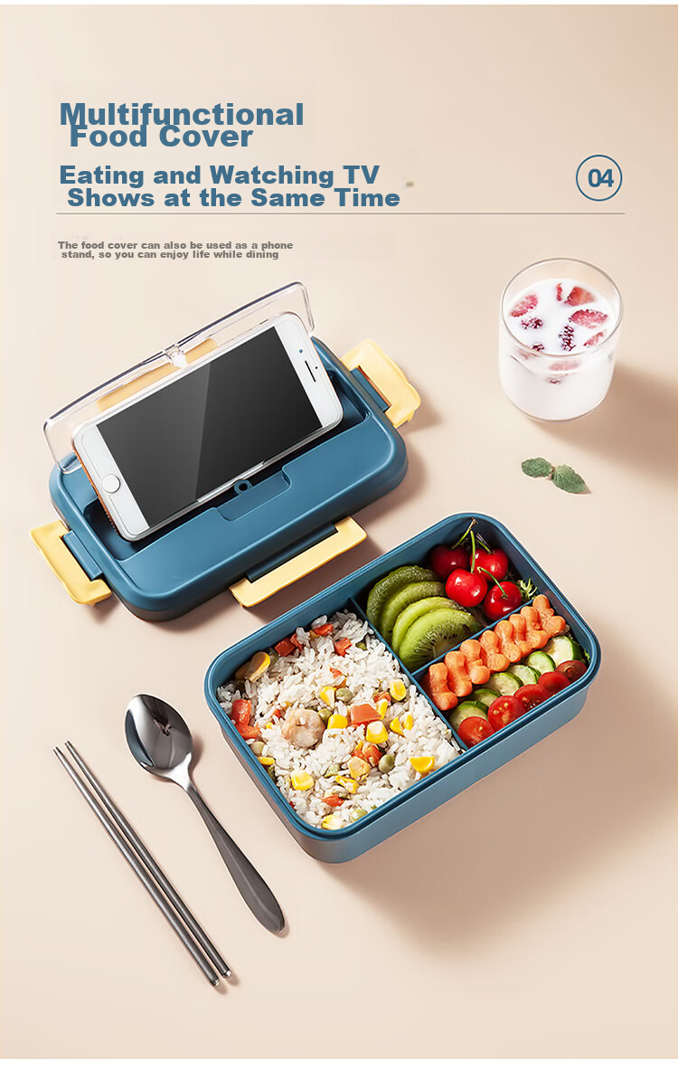 MAXCOOK Microwave Lunch Box, Wheat Straw Large Capacity Deep 3-Compartment Student Lunch Box 1200ml Blue MCFT550 3