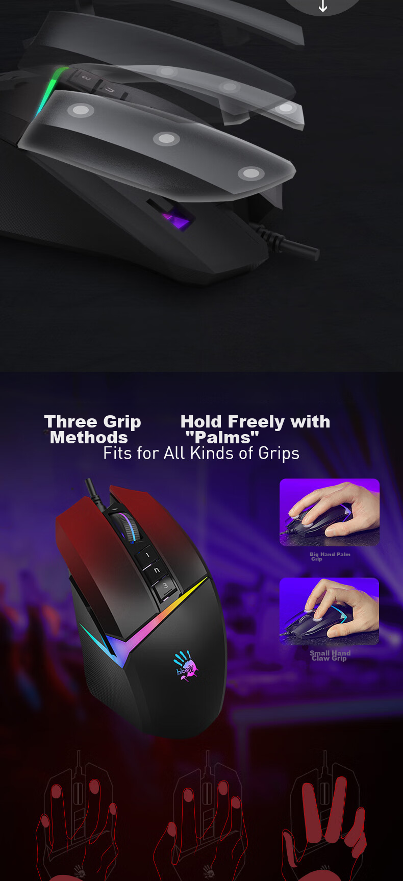 A4TECH V8MMax Large Right-Hand Wired Mouse, Gaming Mouse, E-Sports Mouse, Triangular Mouse for Gaming, Blood Hand Phantom, Black, Wired 4