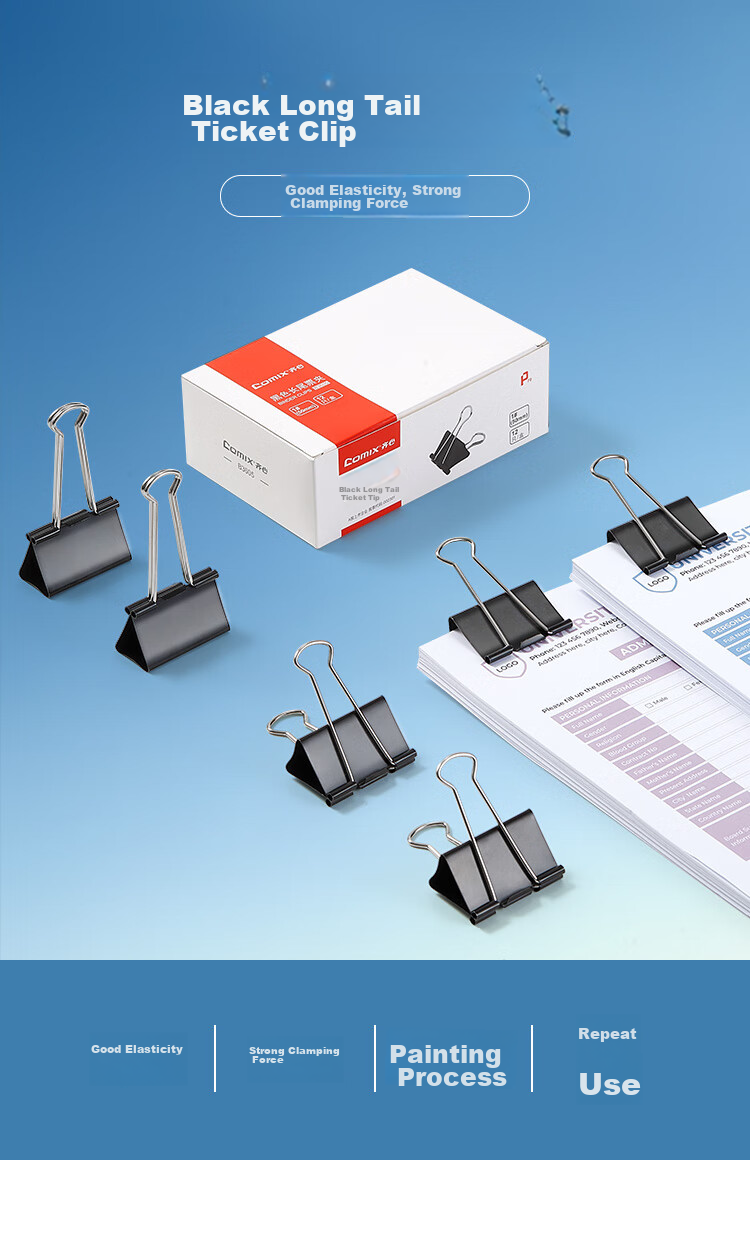 COMIX Black Long Tail Clips Binder Clips, Large Size 41mm Metal Binder Clips Document Clips, 12 Pieces/box, B3606 1