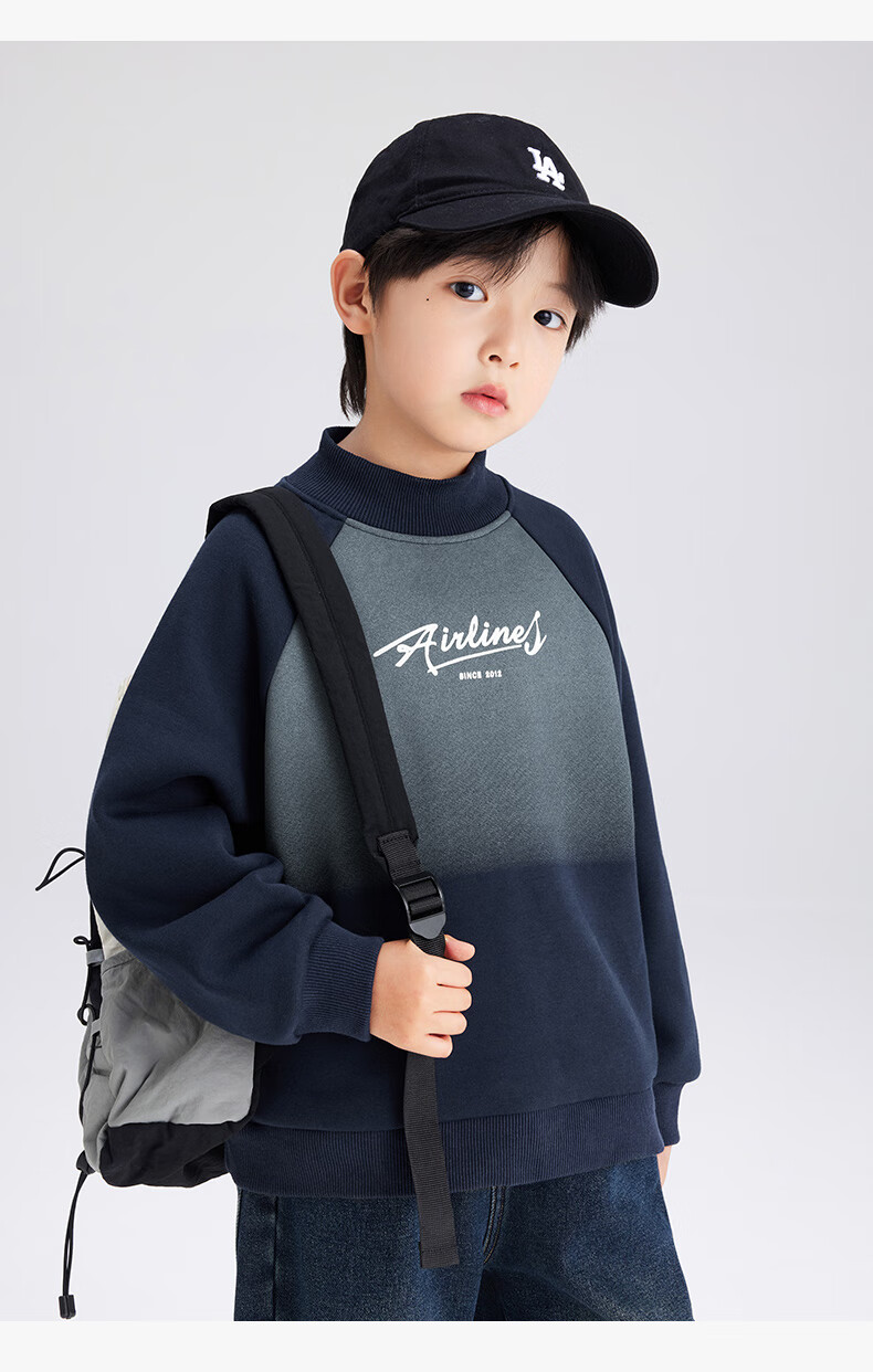Zuo Xi Boys' Fleece-Lined Sweatshirt 2025 New Winter Thickened Top Stylish Boys' Winter Wear Navy Blue 150 9