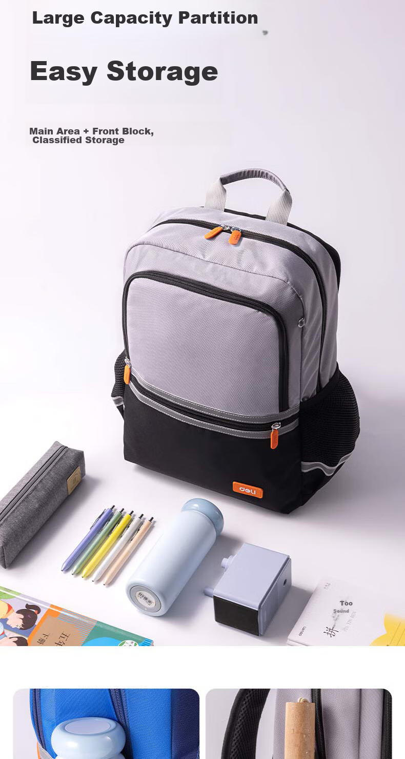 Deli Elementary School Tutoring Bag, Backpack, Pencil Case, Stationery Set for Boys And Girls, Outstanding Series, Large Capacity, Spine Protection, Water-Resistant, Double Shoulder Children's Backpack, Gray, Back-To Stationery Gift 2